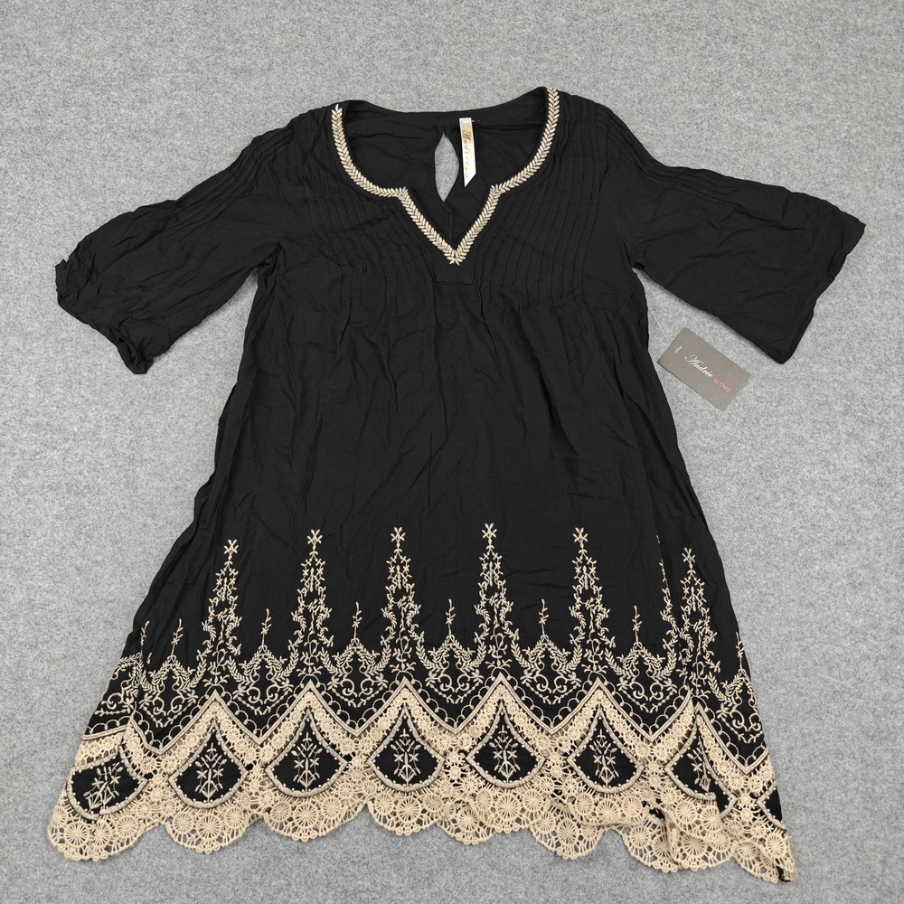 Andrée By Unit Dress Womens Small Black Embroidered Boho Swing Knee Length 90957
